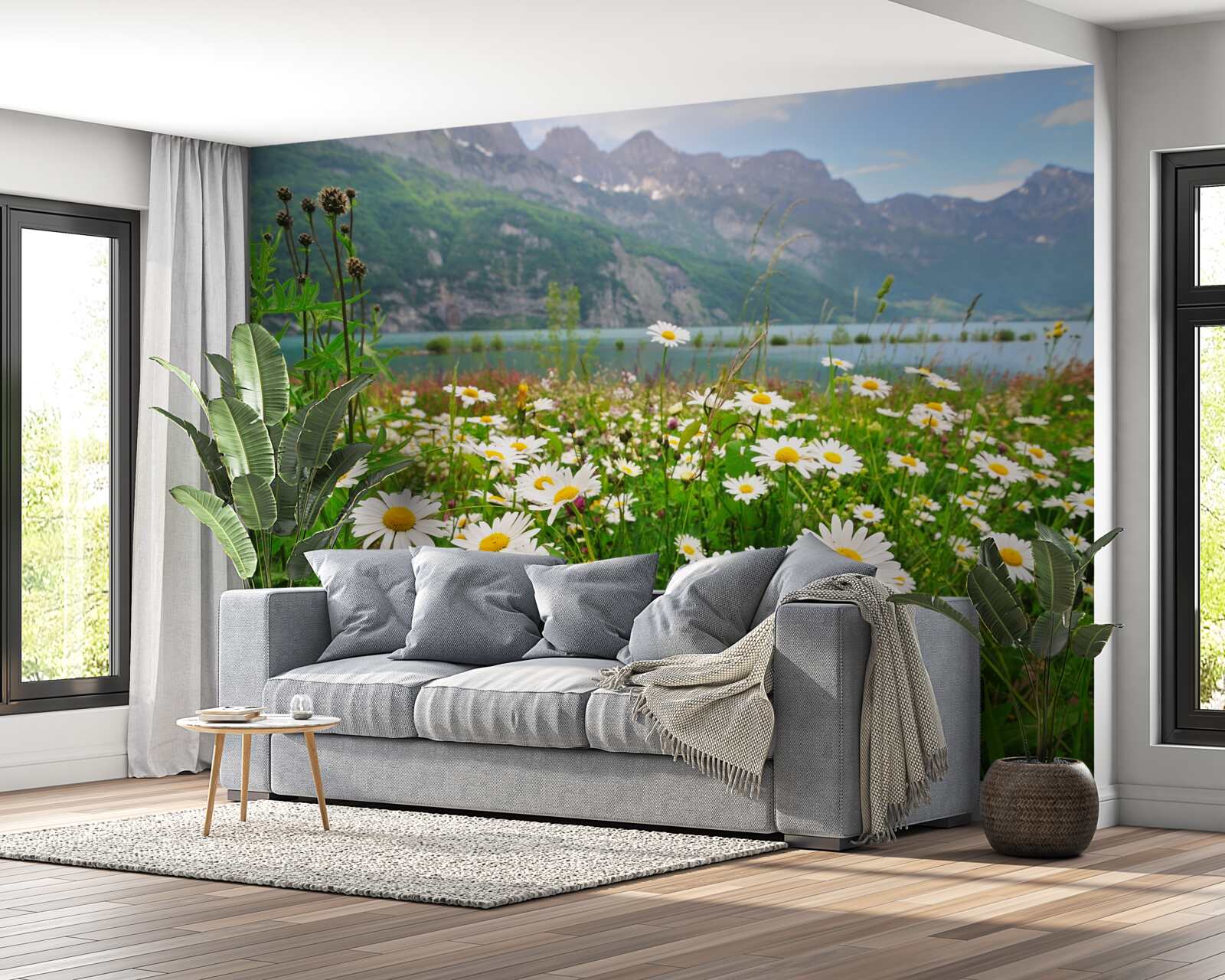 Фотошпалери пейзаж з ромашковим полем біля підніжжя гір