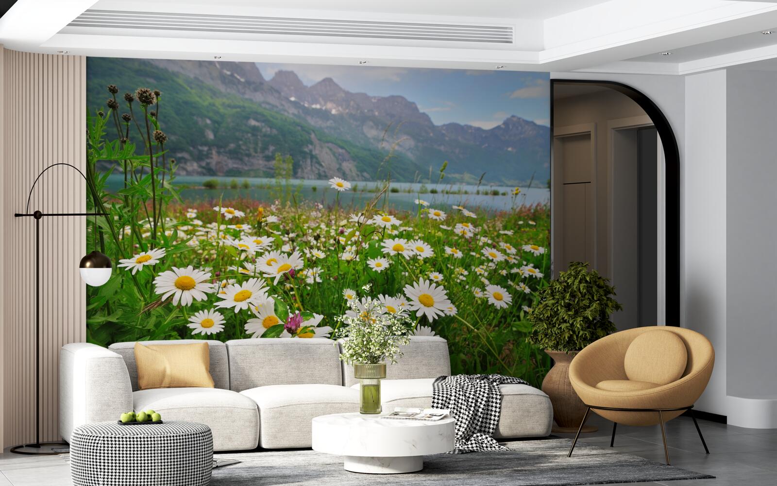 Фотошпалери пейзаж з ромашковим полем біля підніжжя гір