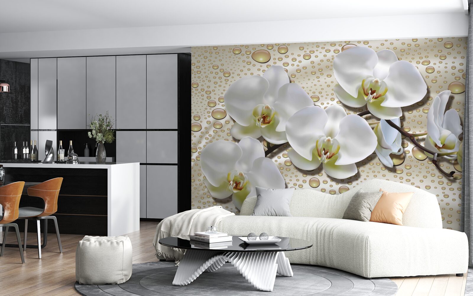 Фотошпалери гілка білої орхідеї, зволожена дощем на шовку