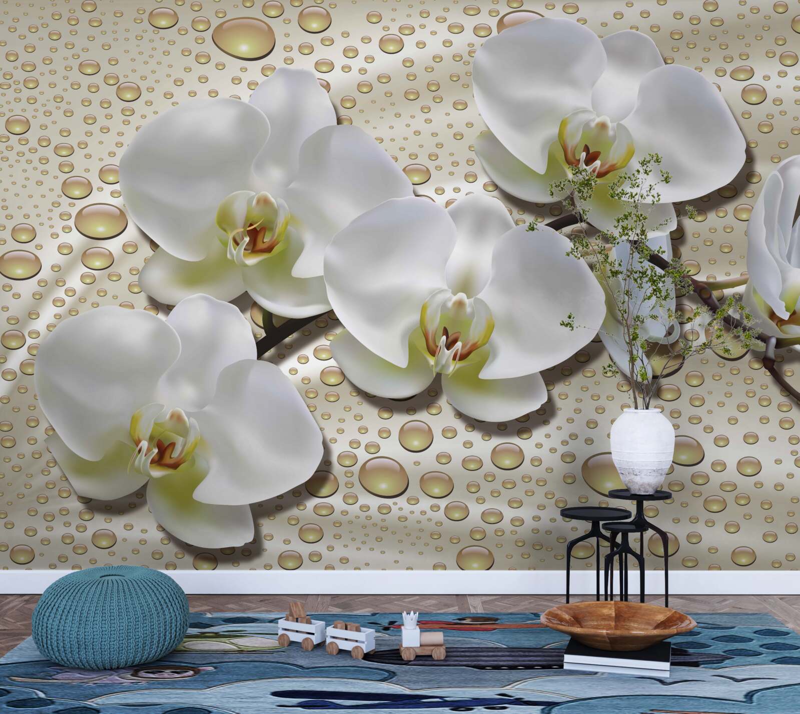 Фотошпалери гілка білої орхідеї, зволожена дощем на шовку