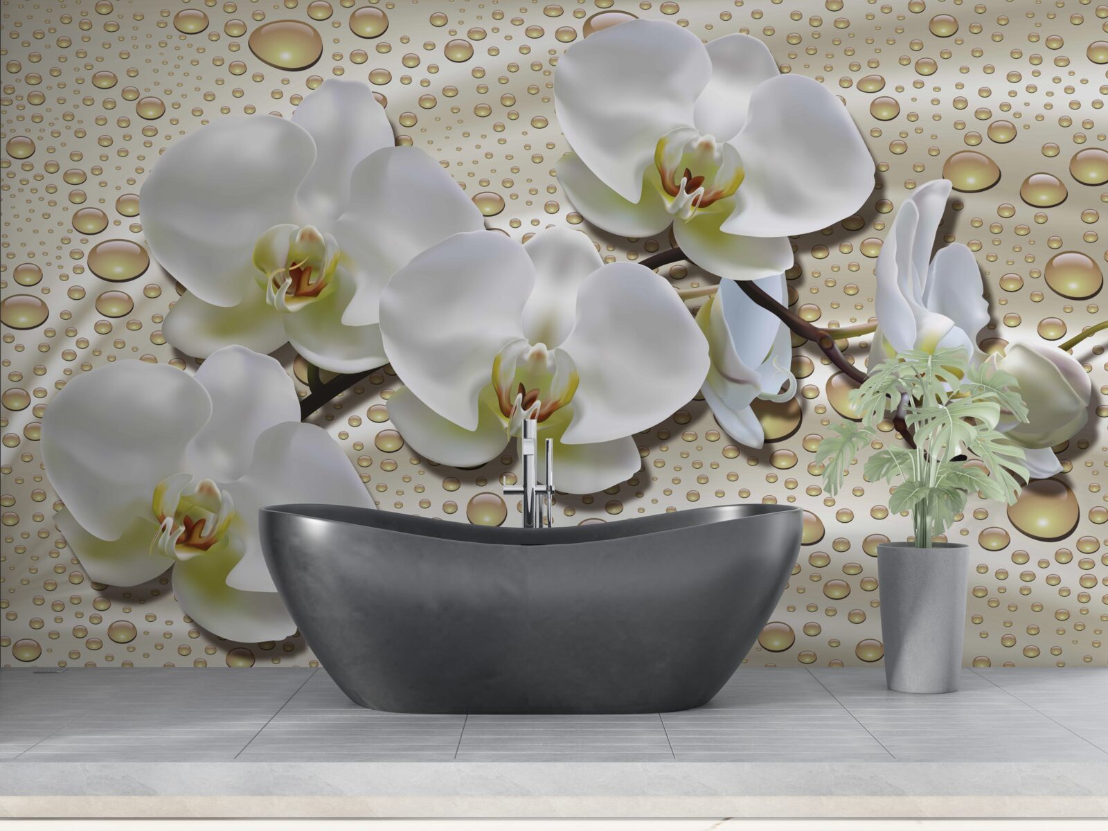 Фотошпалери гілка білої орхідеї, зволожена дощем на шовку