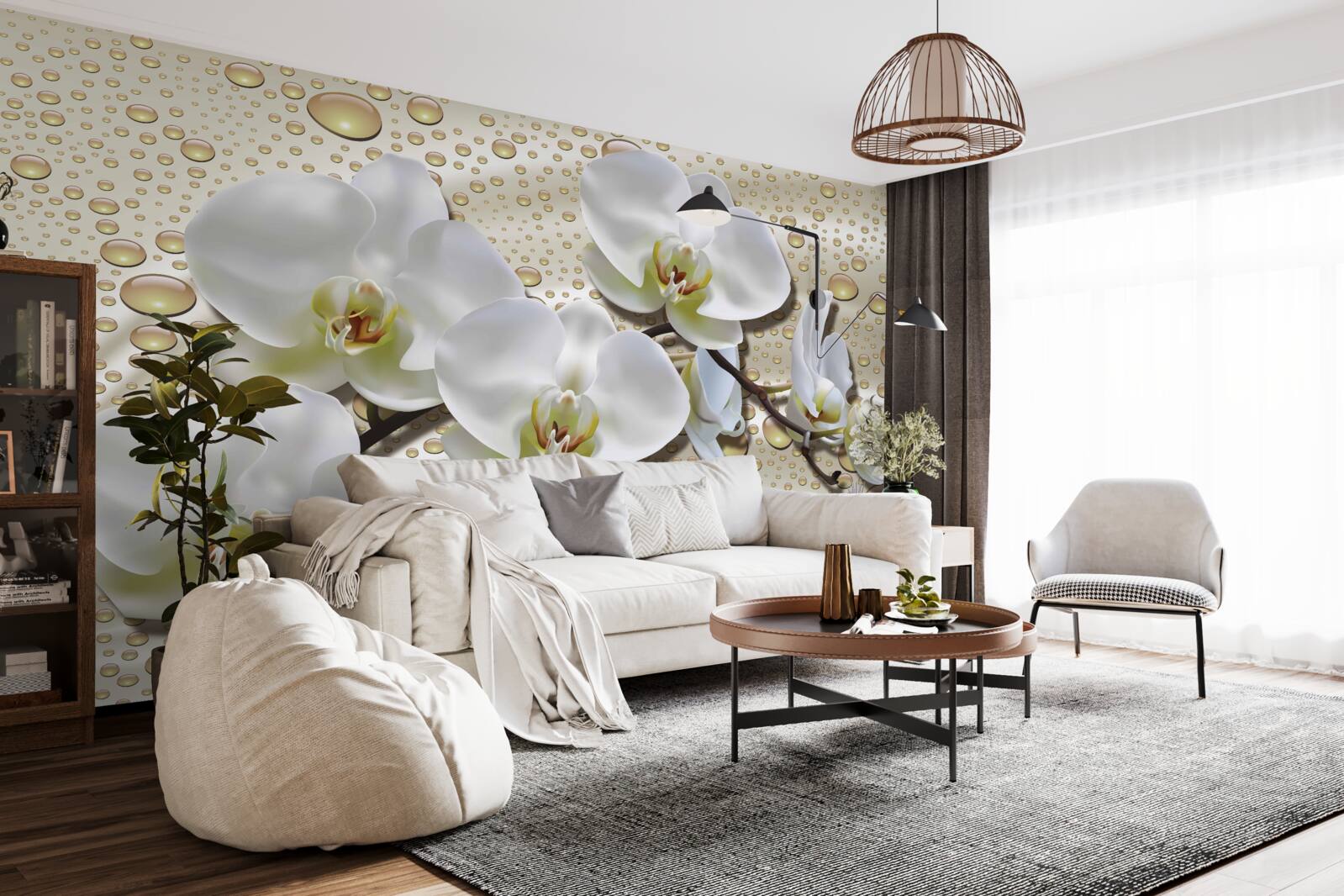 Фотошпалери гілка білої орхідеї, зволожена дощем на шовку