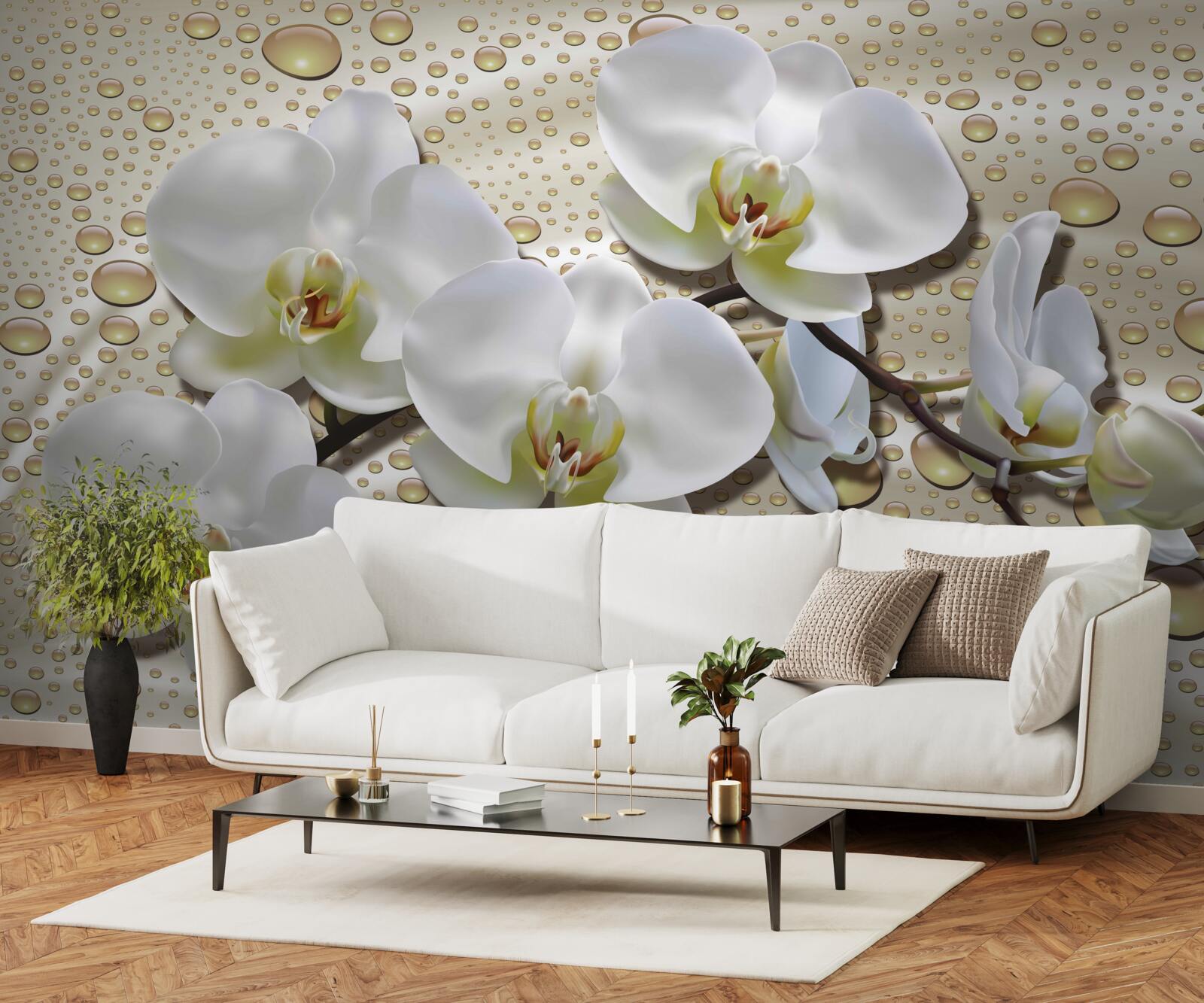 Фотошпалери гілка білої орхідеї, зволожена дощем на шовку