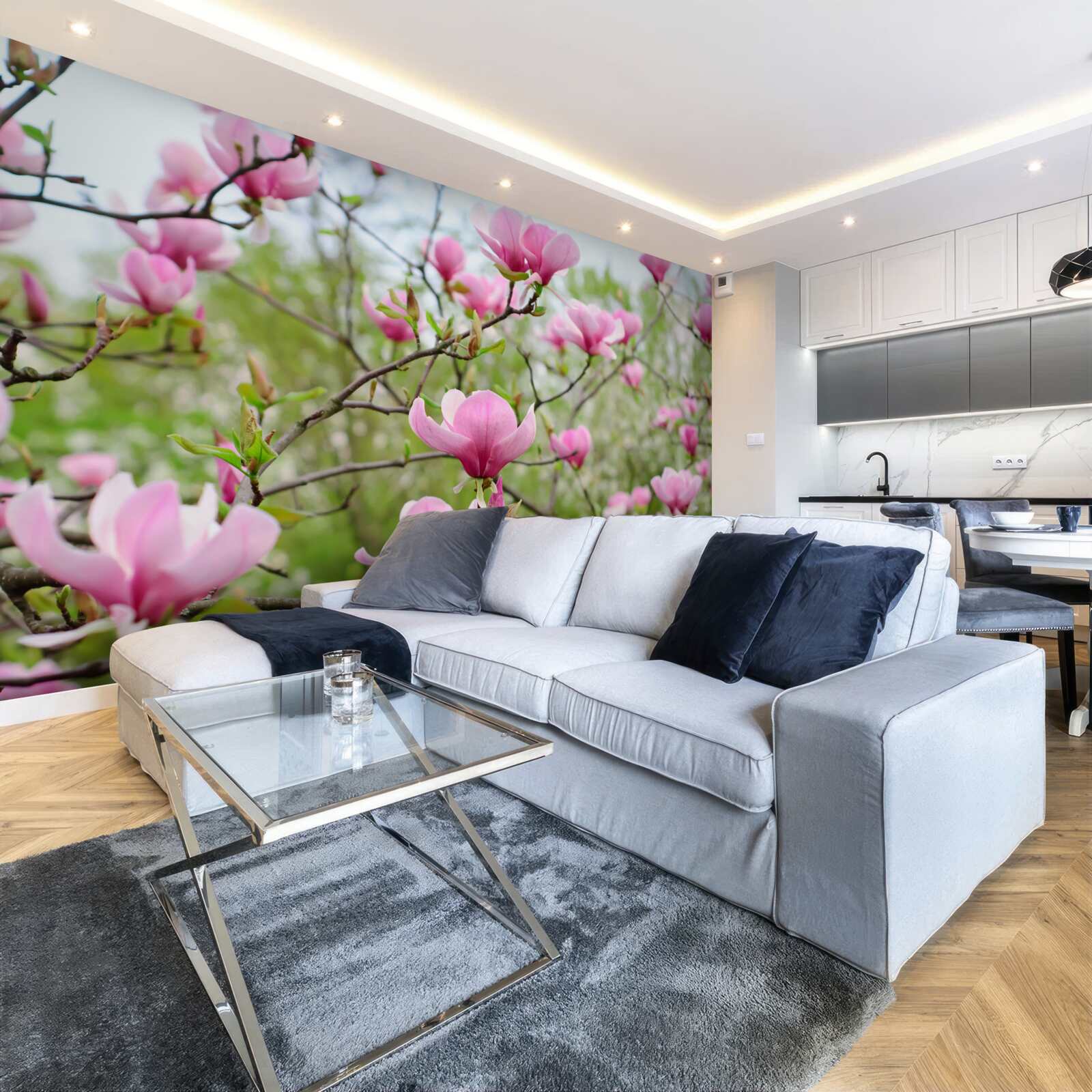 Фотошпалери сад магнолій з рожевими квітами влітку