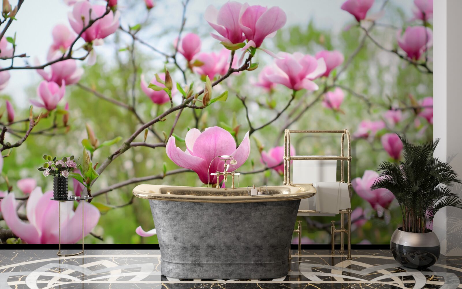 Фотошпалери сад магнолій з рожевими квітами влітку