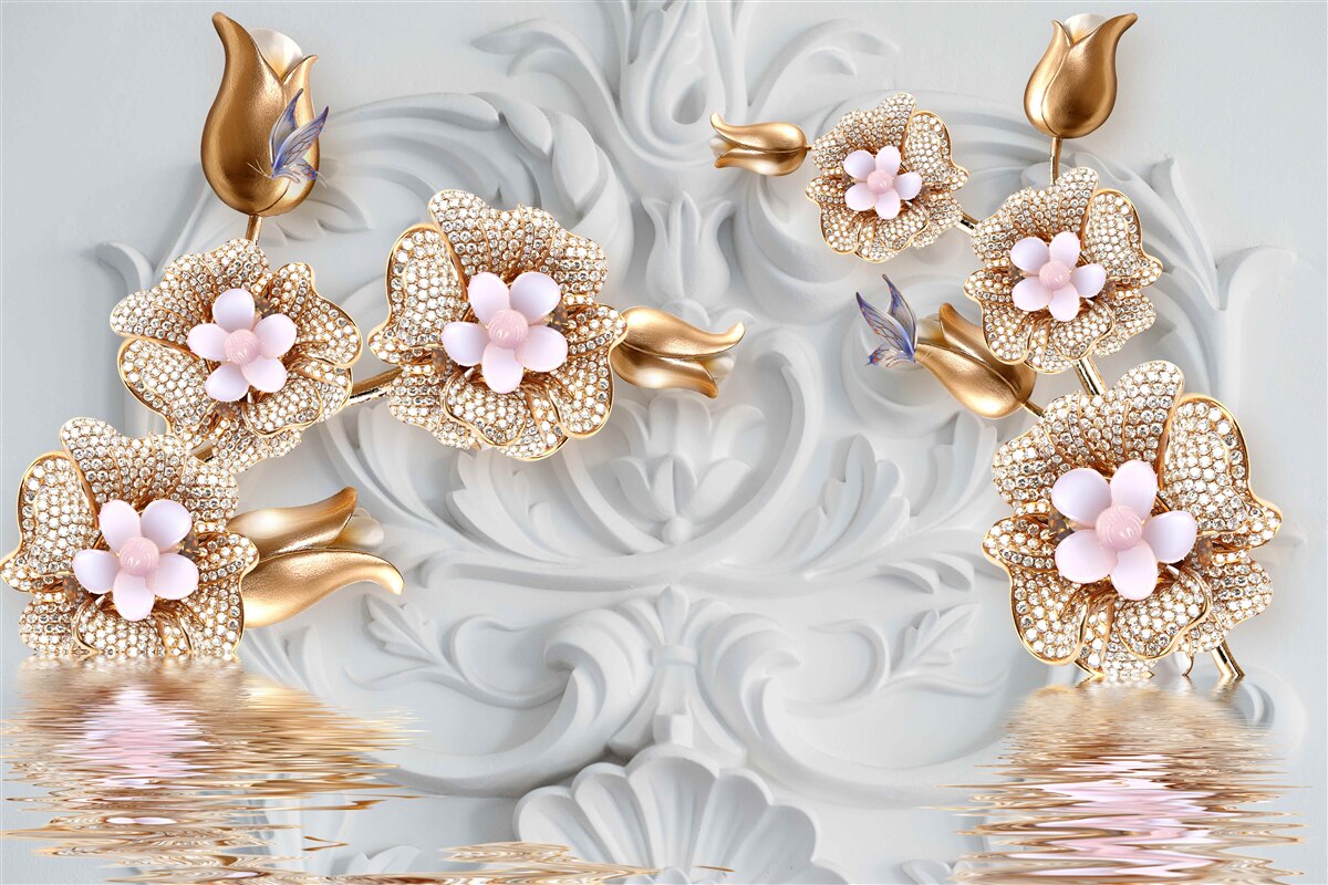 Фотошпалери білі квіти, оздоблені бронзою та прикрашені кристалами