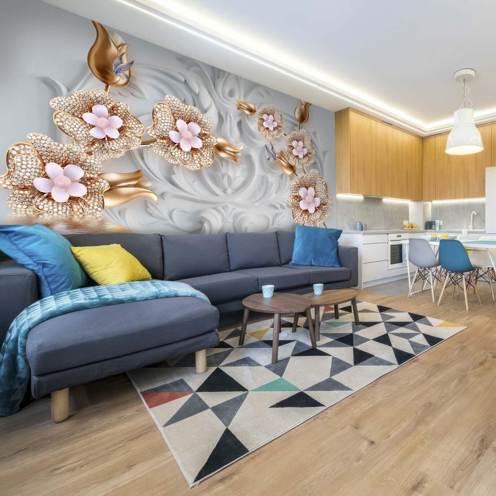 Фотошпалери білі квіти, оздоблені бронзою та прикрашені кристалами