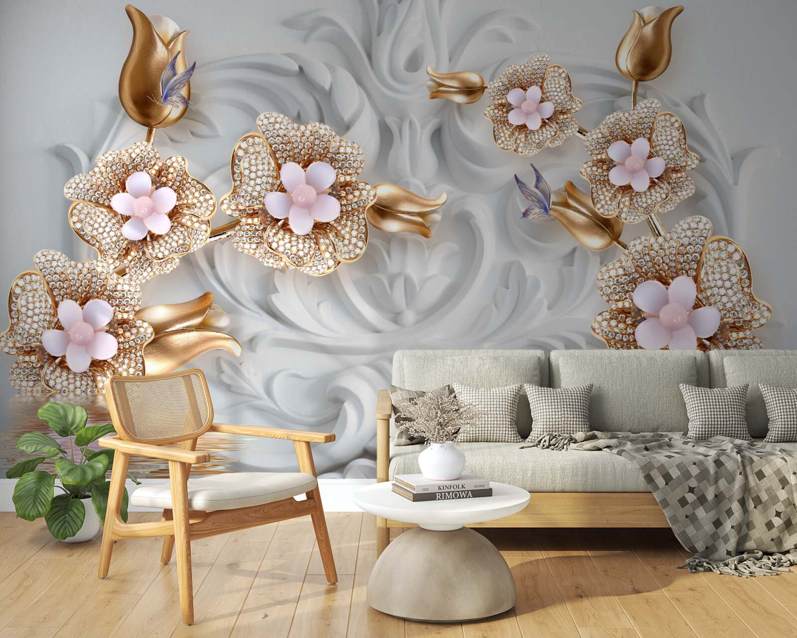 Фотошпалери білі квіти, оздоблені бронзою та прикрашені кристалами