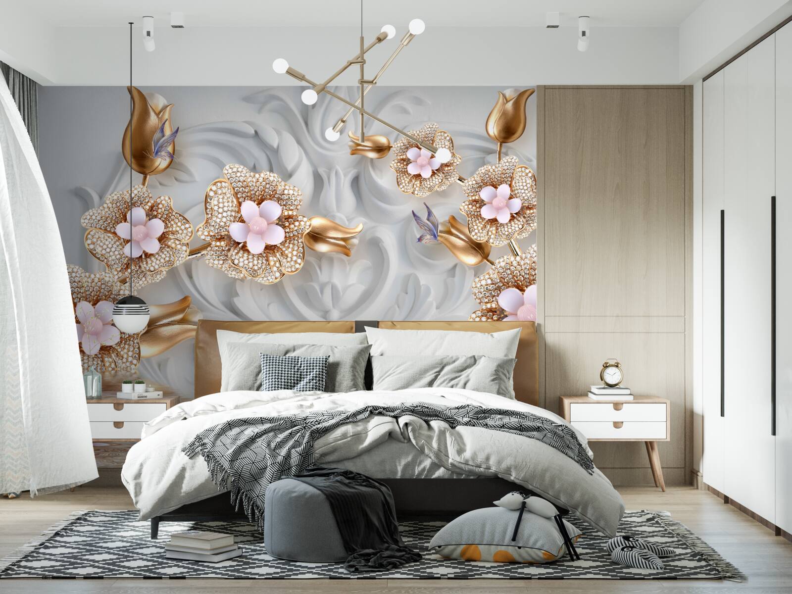 Фотошпалери білі квіти, оздоблені бронзою та прикрашені кристалами