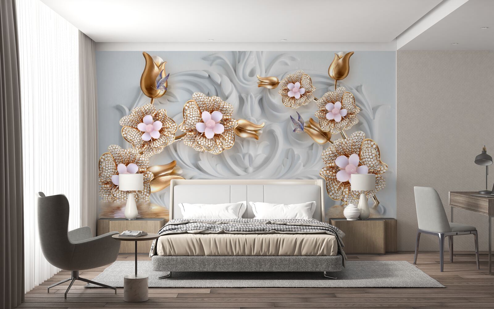 Фотошпалери білі квіти, оздоблені бронзою та прикрашені кристалами