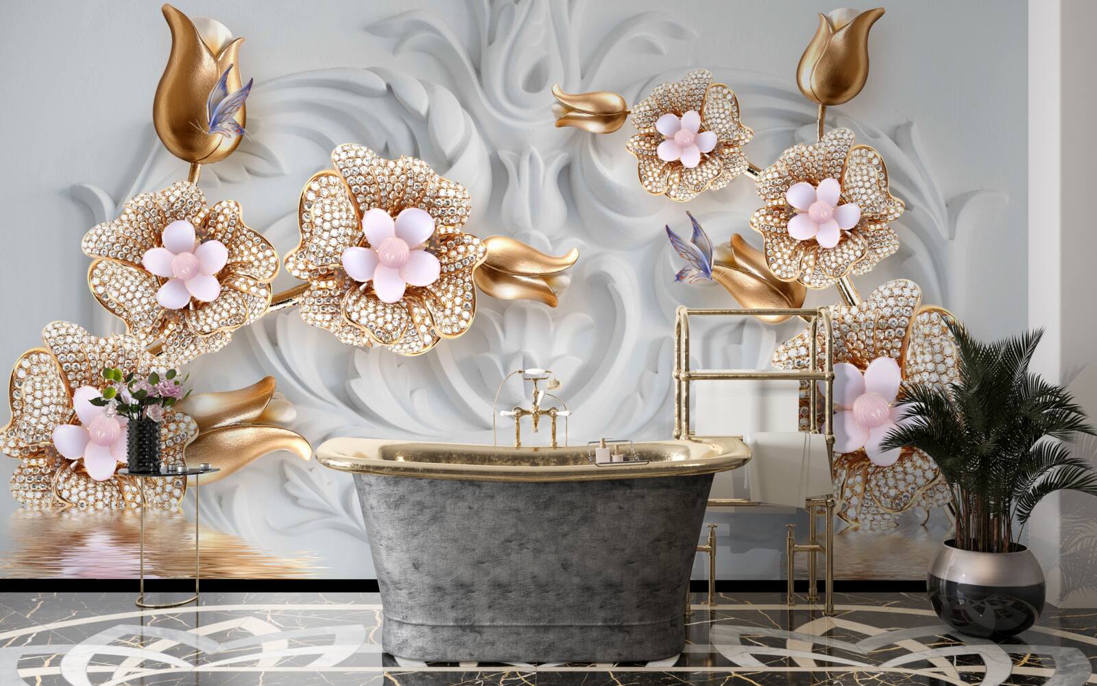 Фотошпалери білі квіти, оздоблені бронзою та прикрашені кристалами