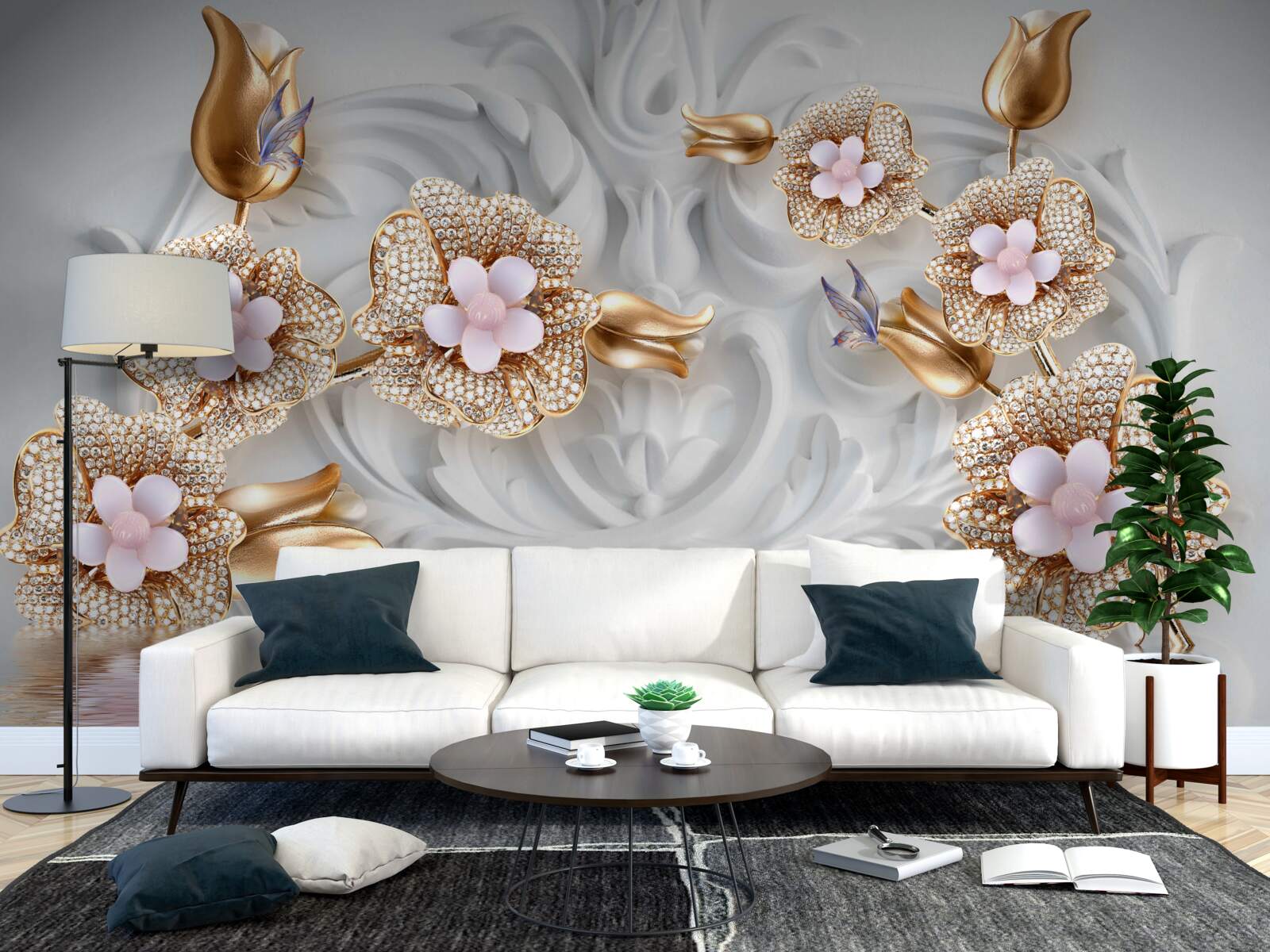 Фотошпалери білі квіти, оздоблені бронзою та прикрашені кристалами