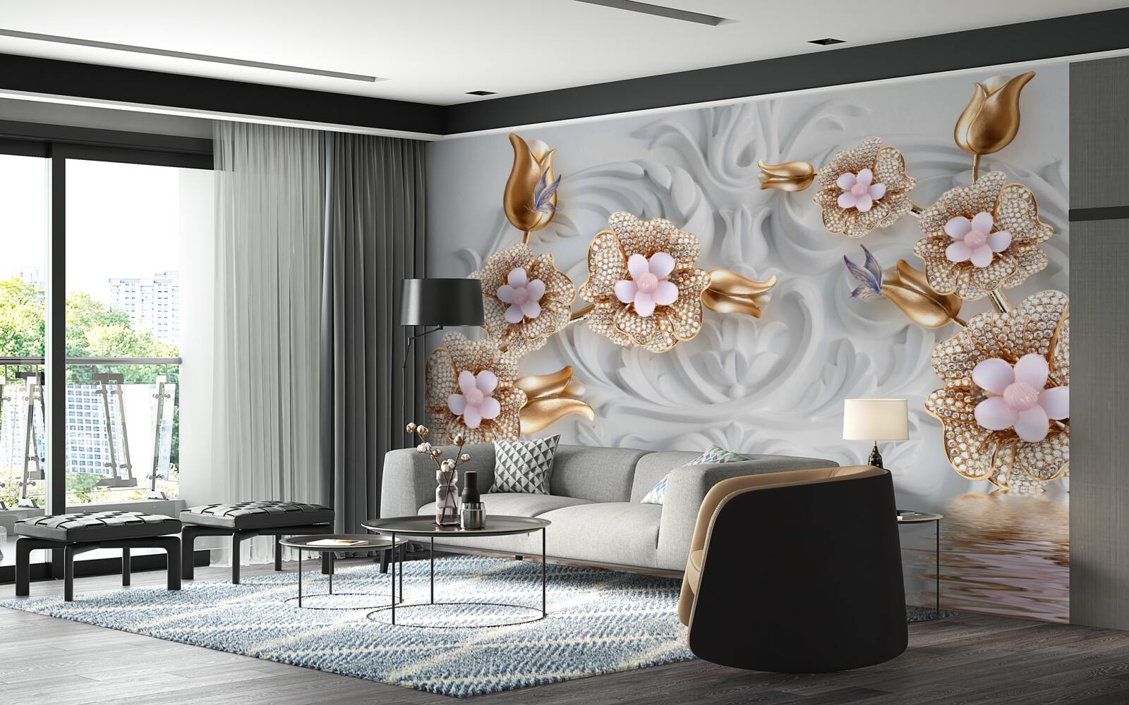 Фотошпалери білі квіти, оздоблені бронзою та прикрашені кристалами