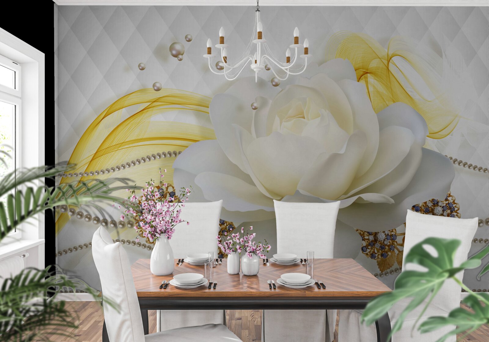 Фотошпалери алебастрові троянди та інкрустовані камінням брошки