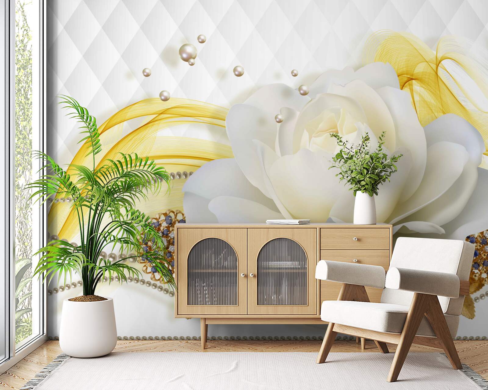 Фотошпалери алебастрові троянди та інкрустовані камінням брошки