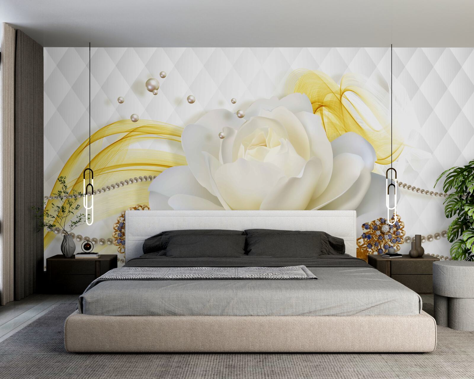 Фотошпалери алебастрові троянди та інкрустовані камінням брошки