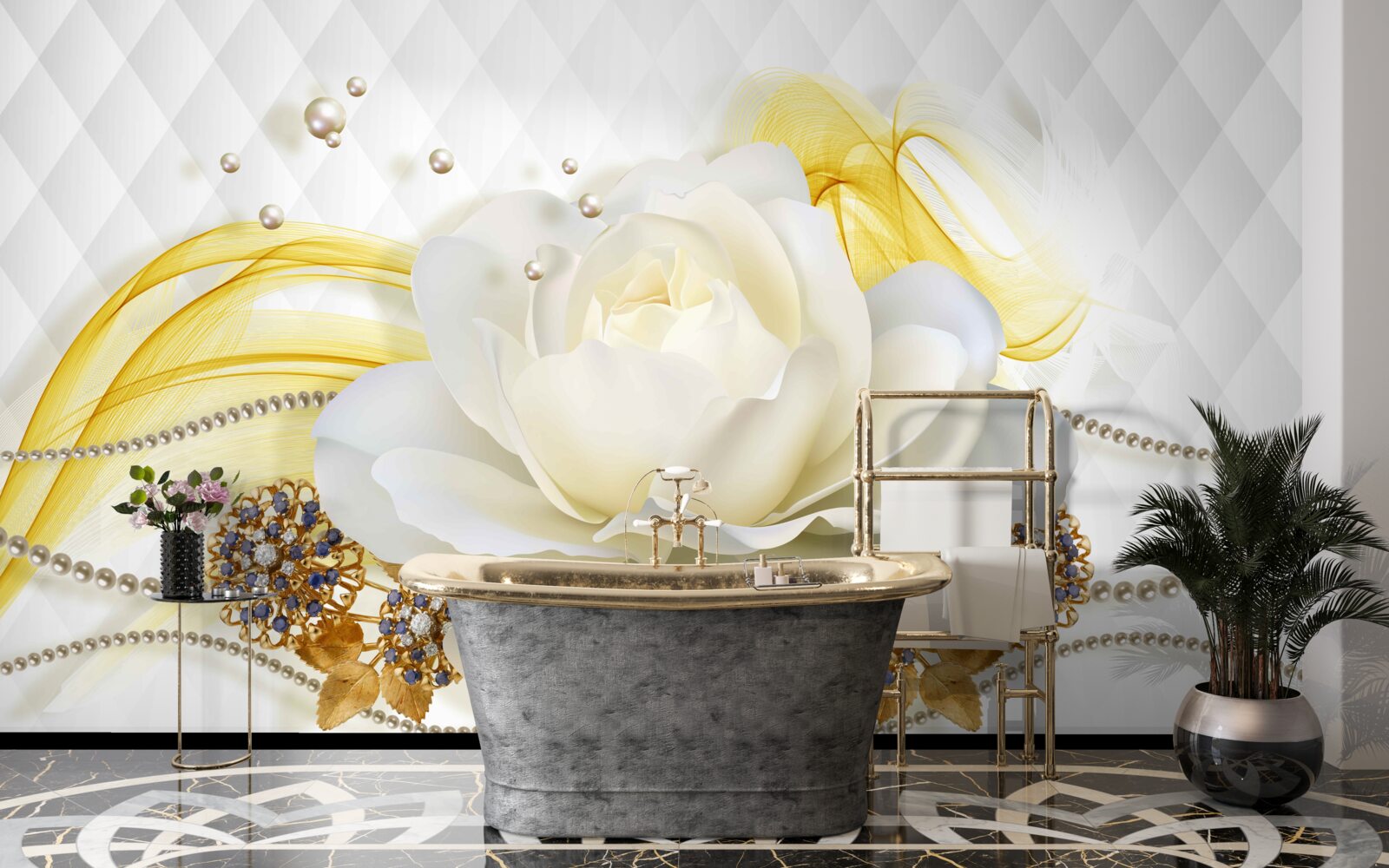 Фотошпалери алебастрові троянди та інкрустовані камінням брошки