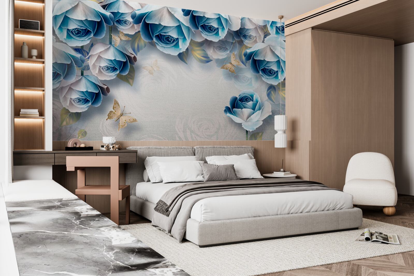 Фотошпалери метелики та блакитні троянди