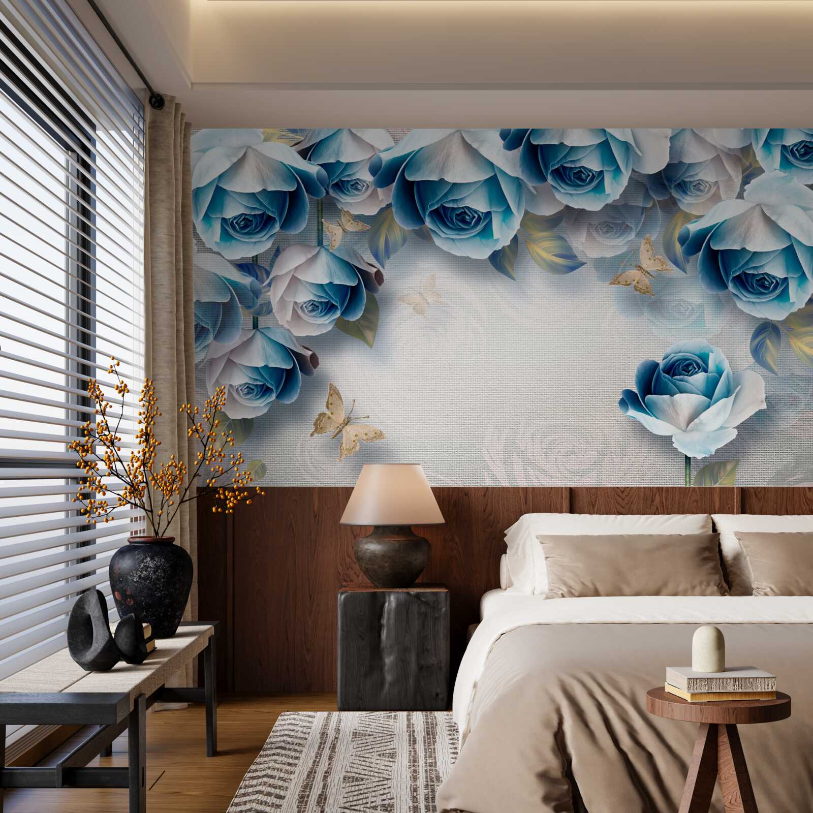 Фотошпалери метелики та блакитні троянди