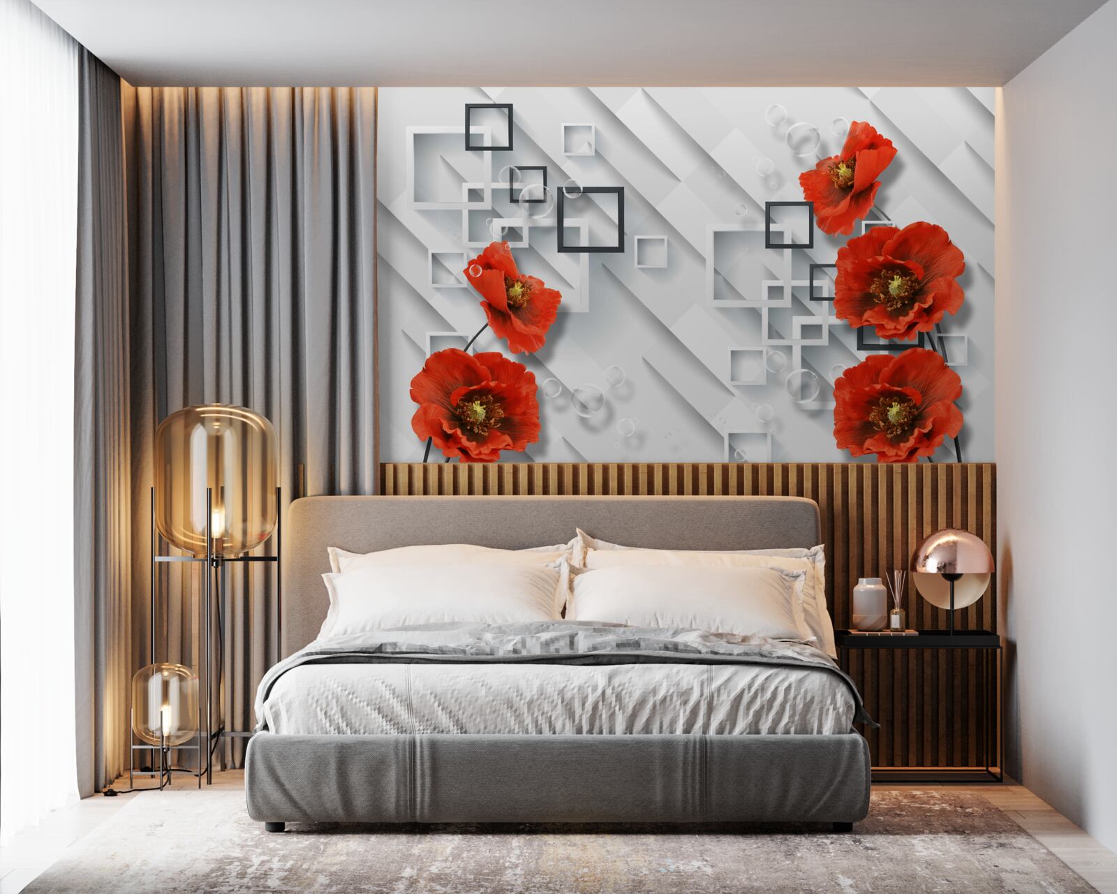 Фотошпалери розкішні червоні маки на незвичайному тлі