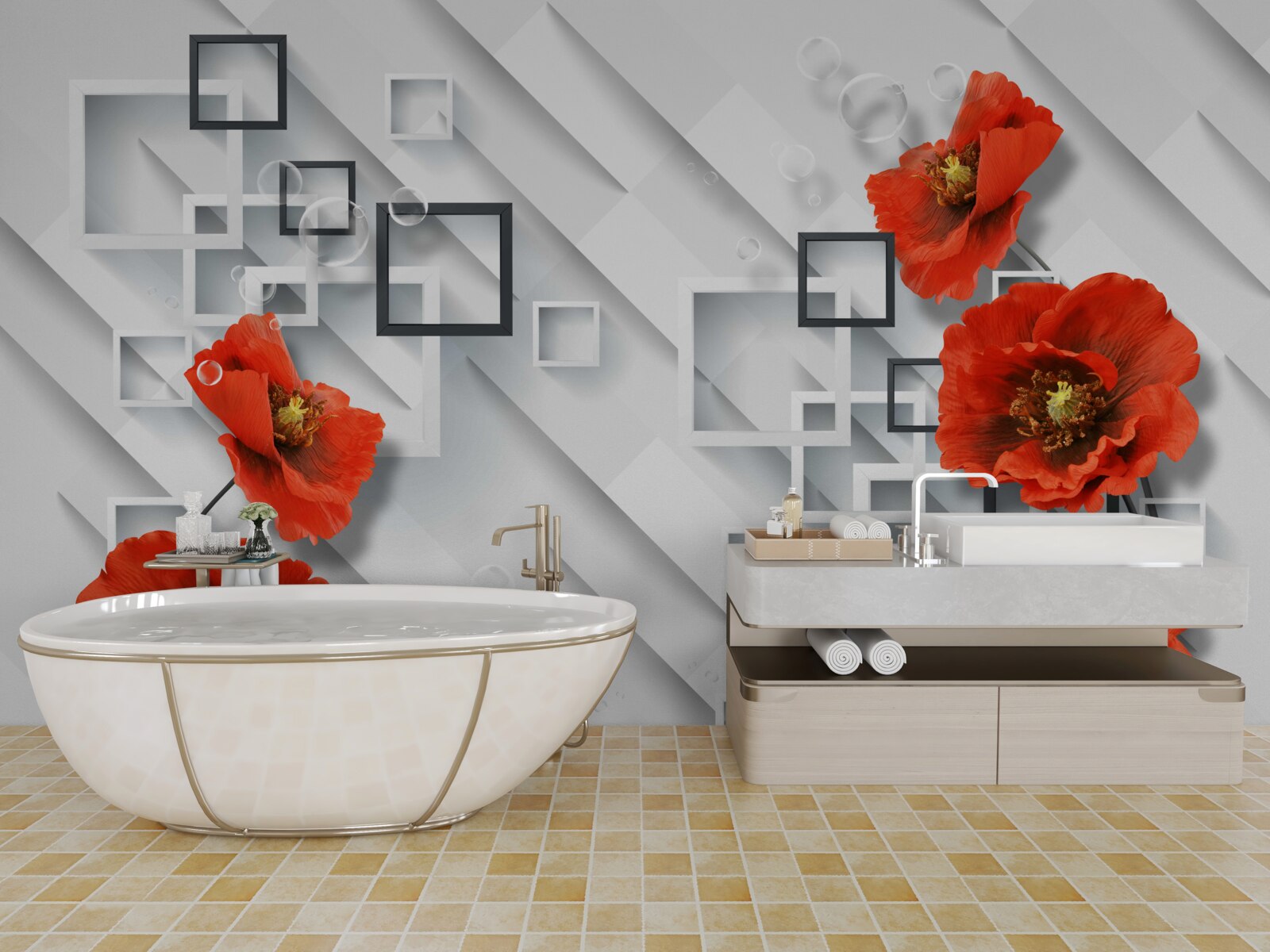 Фотошпалери розкішні червоні маки на незвичайному тлі