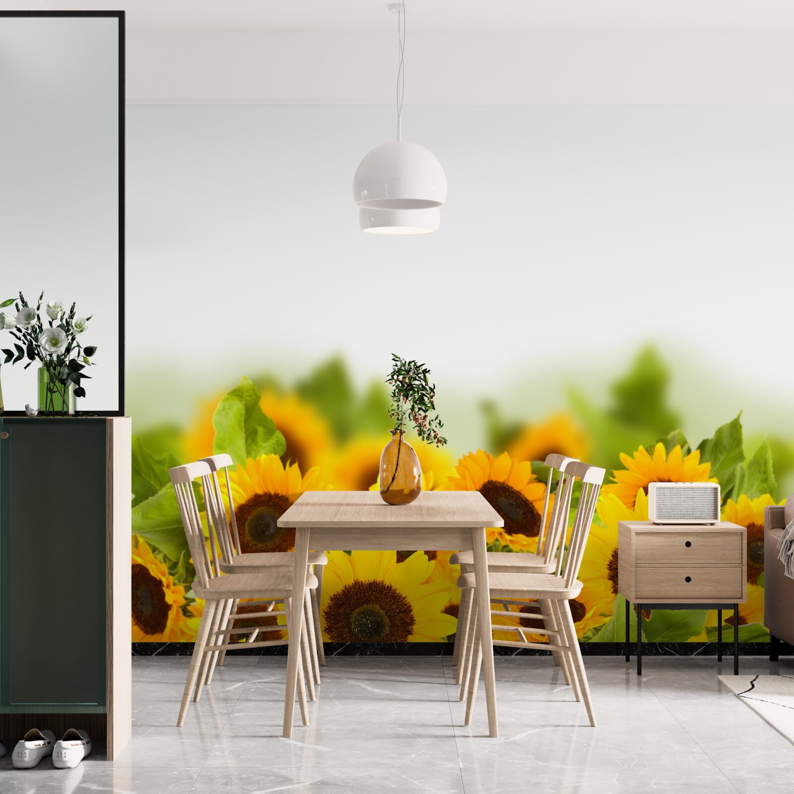 Фотошпалери поле, прикрашене різнокольоровими соняшниками