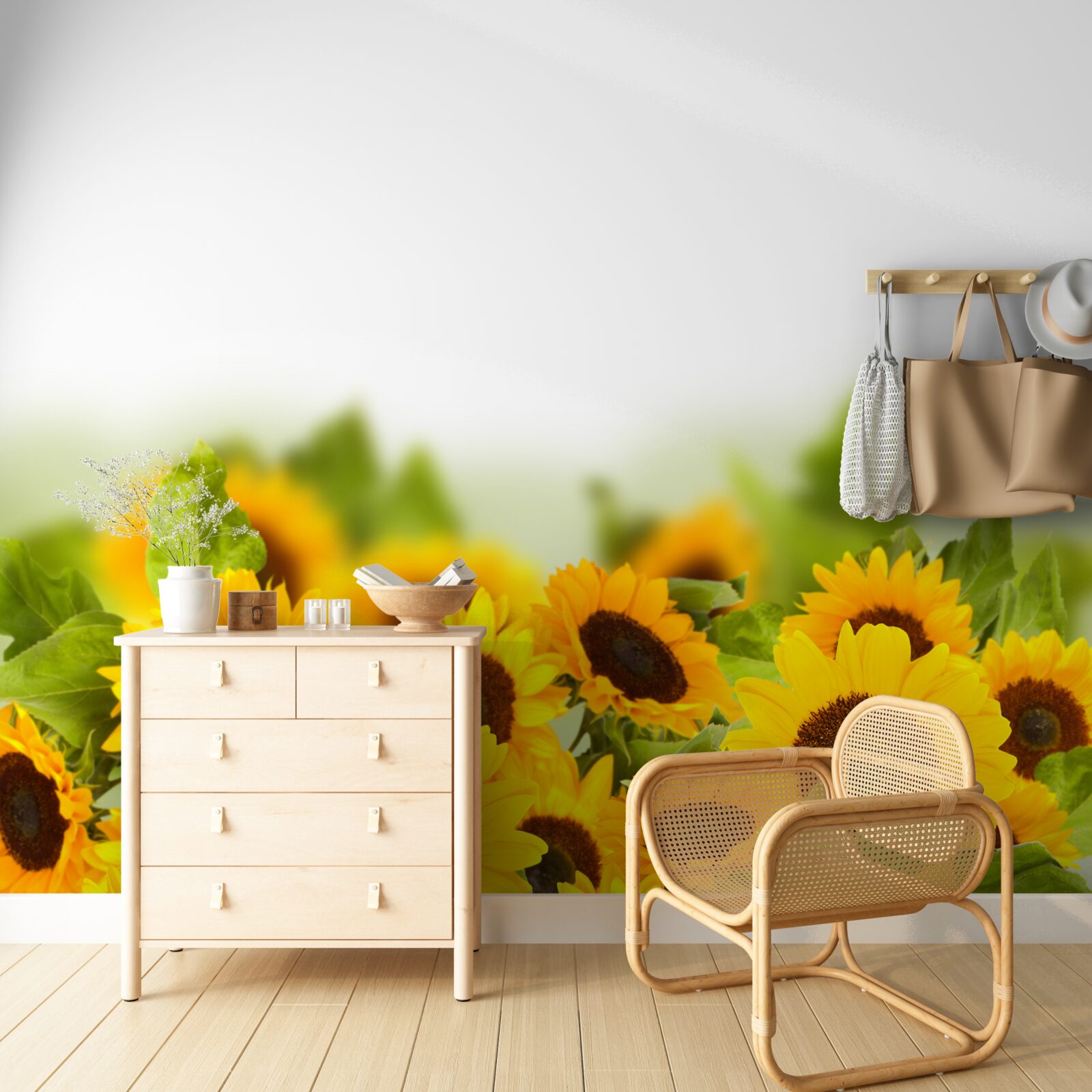 Фотошпалери поле, прикрашене різнокольоровими соняшниками