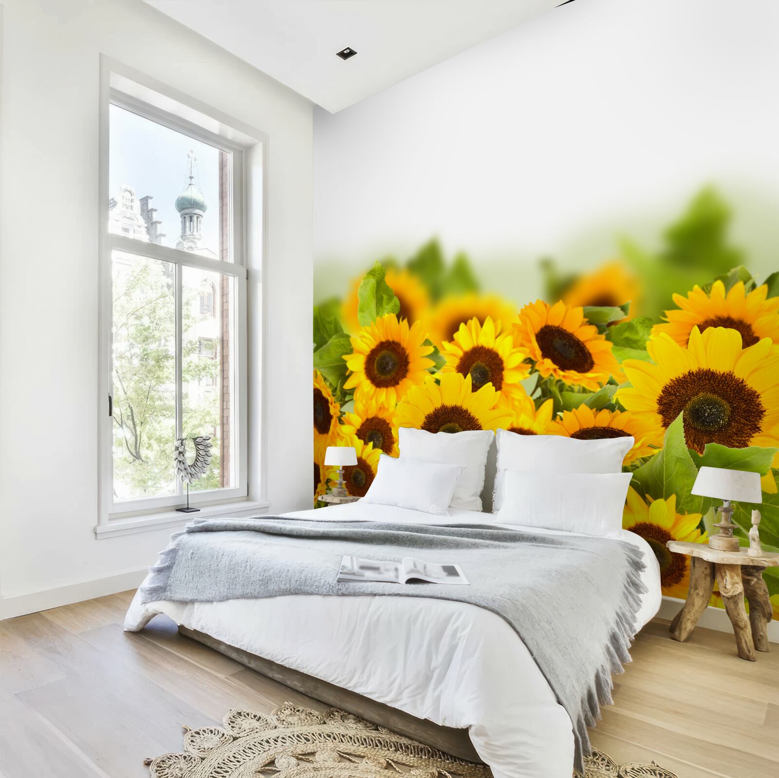 Фотошпалери поле, прикрашене різнокольоровими соняшниками