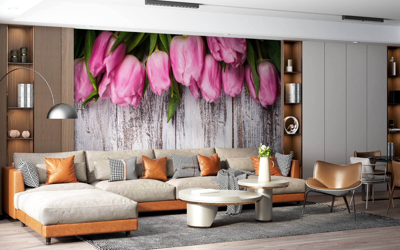 Фотошпалери рожеві тюльпани на дерев'яному тлі