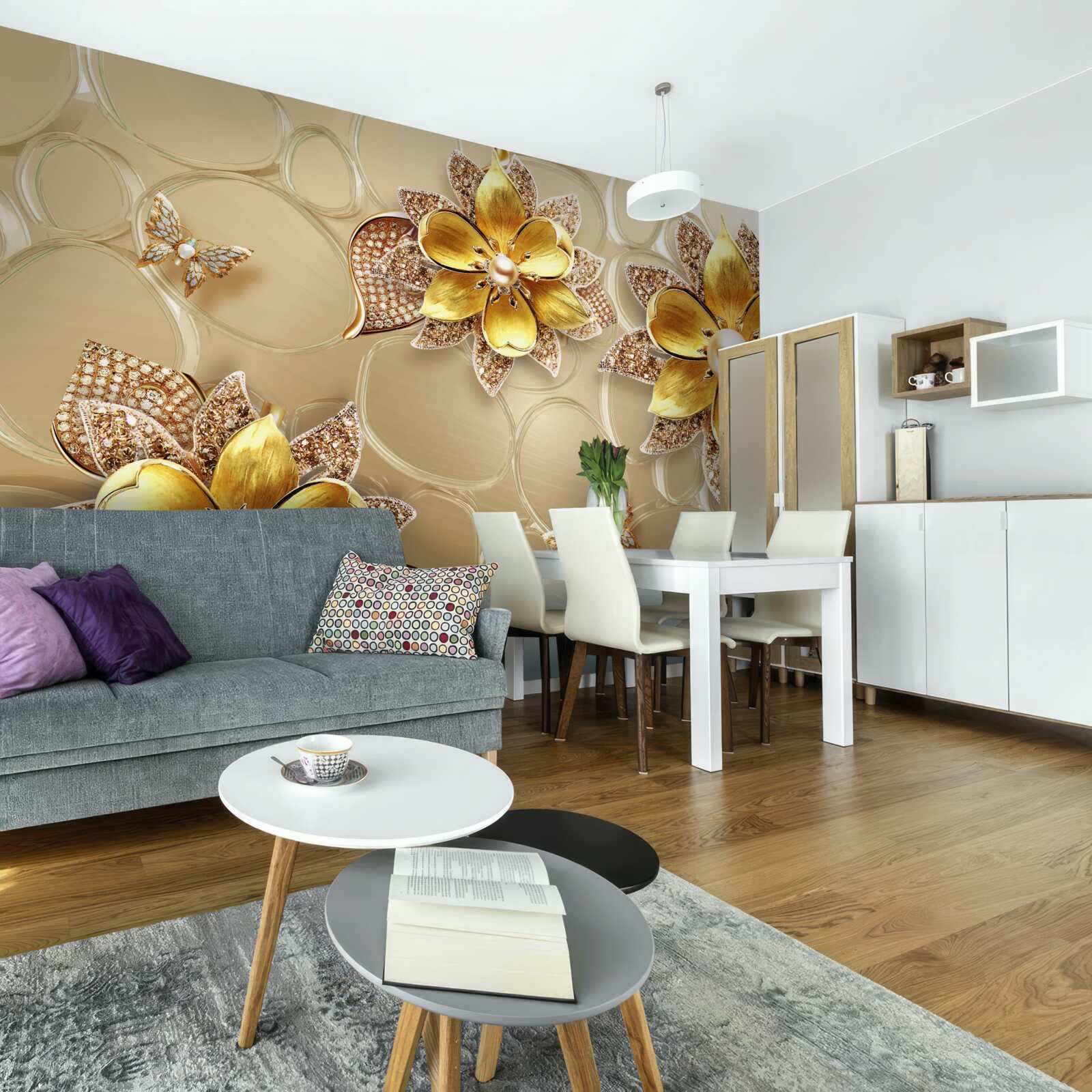 Фотошпалери квіти із золота, прикрашені кристалами