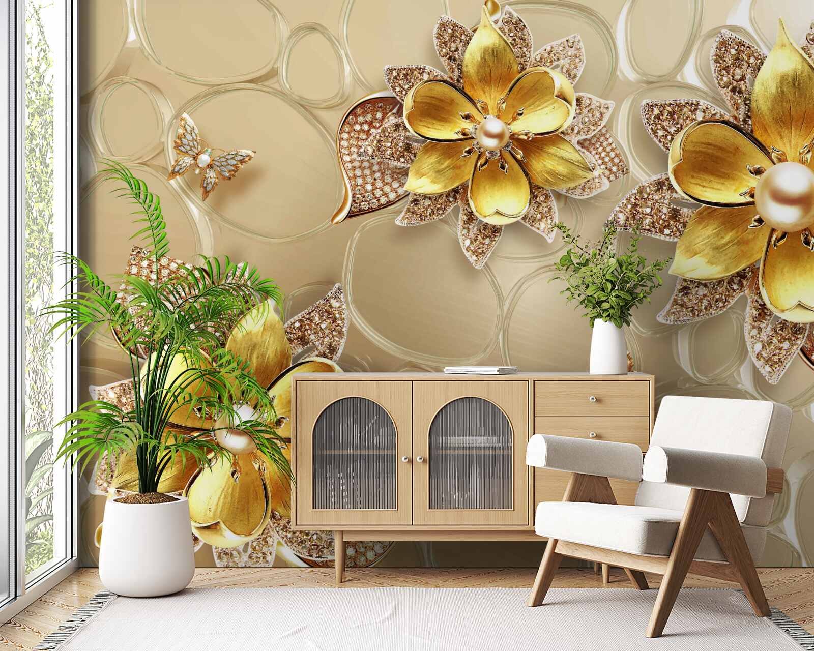 Фотошпалери квіти із золота, прикрашені кристалами