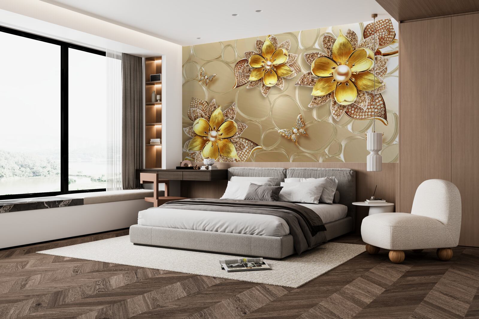 Фотошпалери квіти із золота, прикрашені кристалами