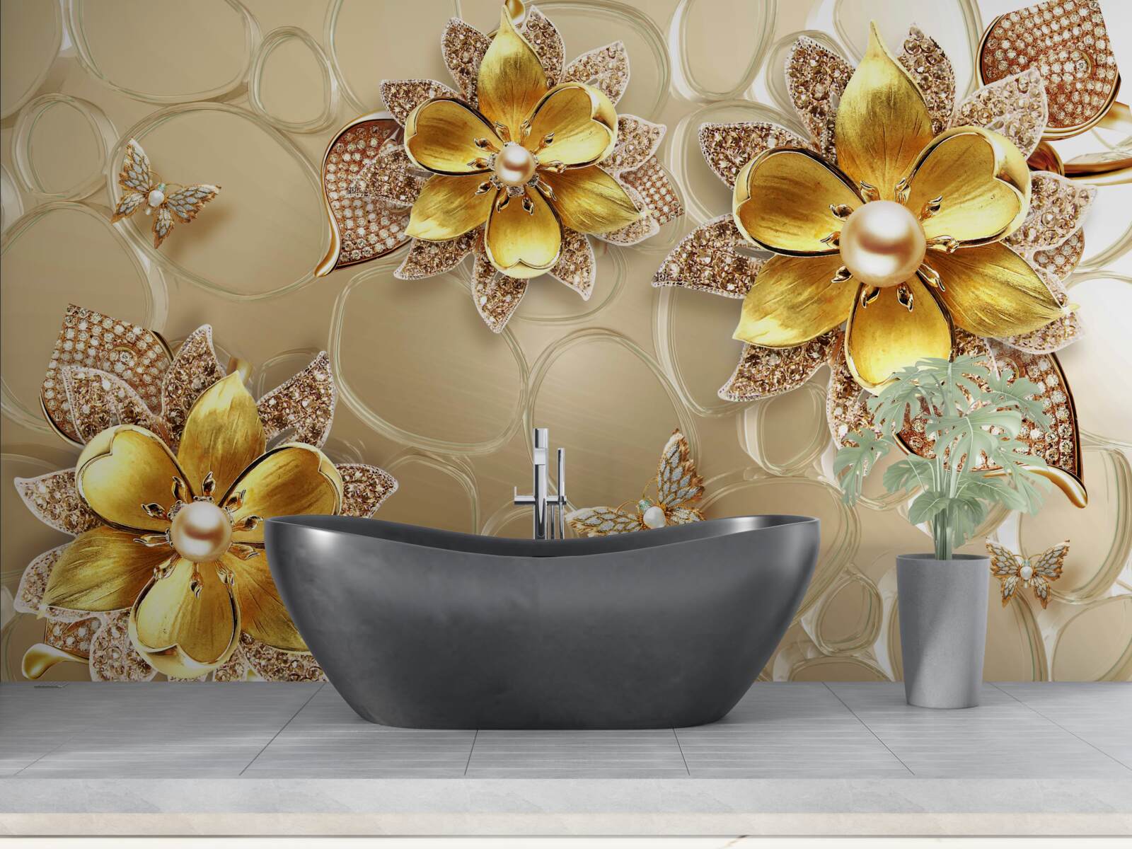 Фотошпалери квіти із золота, прикрашені кристалами