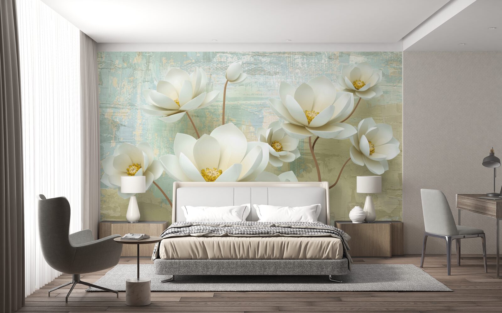 Фотошпалери гілки магнолії цвітуть білим кольором