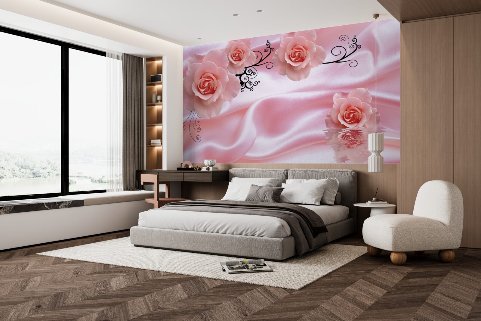 Фотошпалери ніжно-рожеві квіти на рожевій шовковій тканині