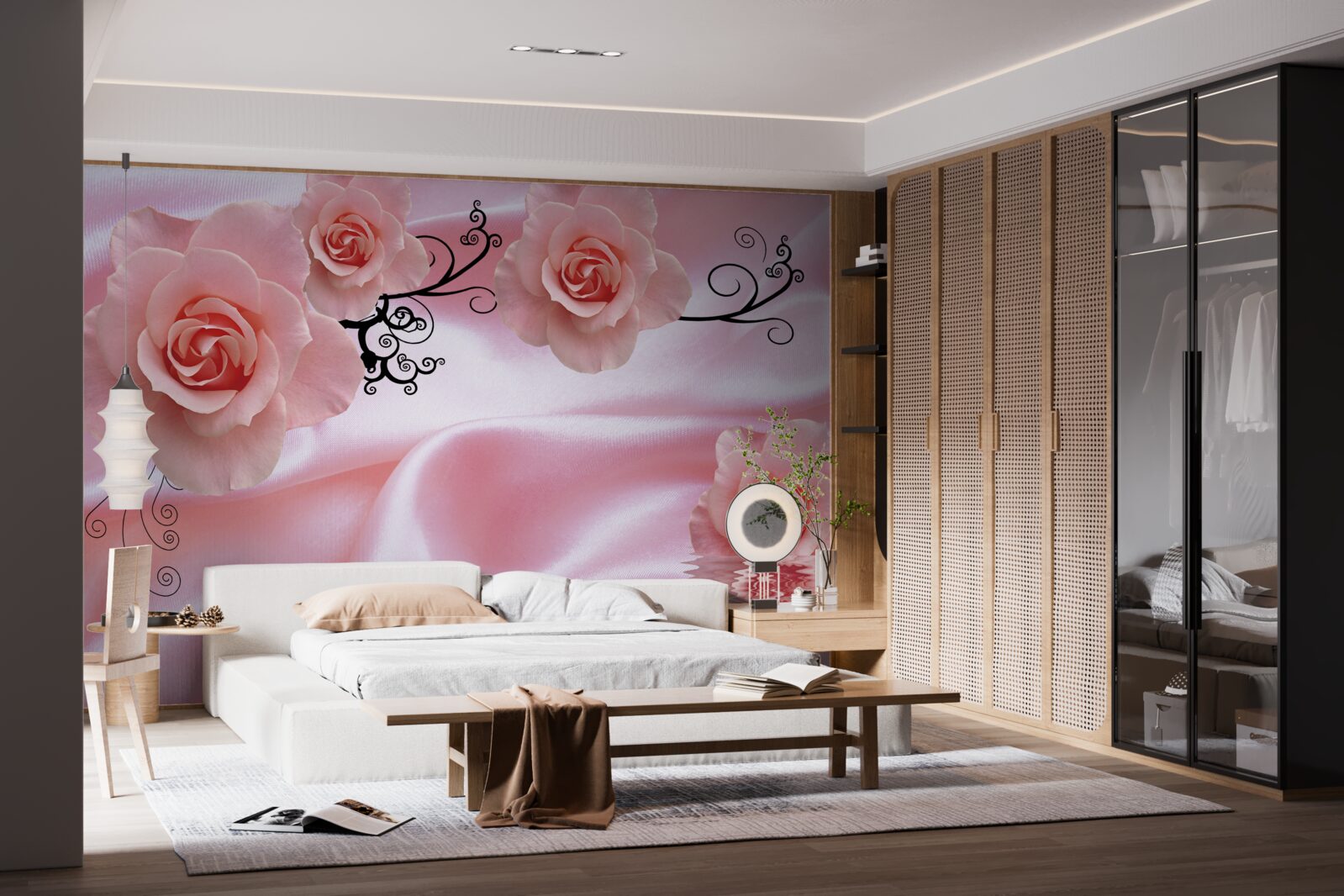 Фотошпалери ніжно-рожеві квіти на рожевій шовковій тканині