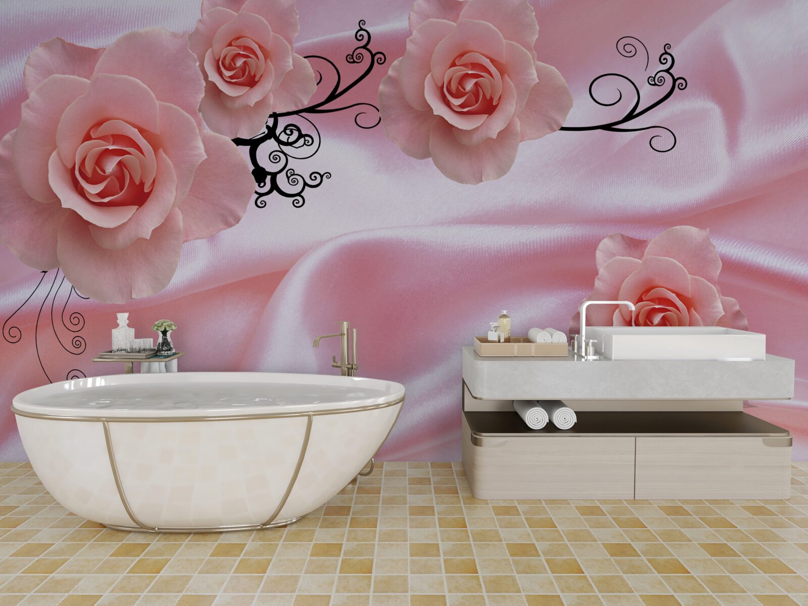 Фотошпалери ніжно-рожеві квіти на рожевій шовковій тканині