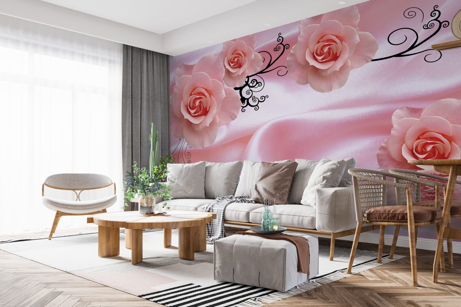 Фотошпалери ніжно-рожеві квіти на рожевій шовковій тканині