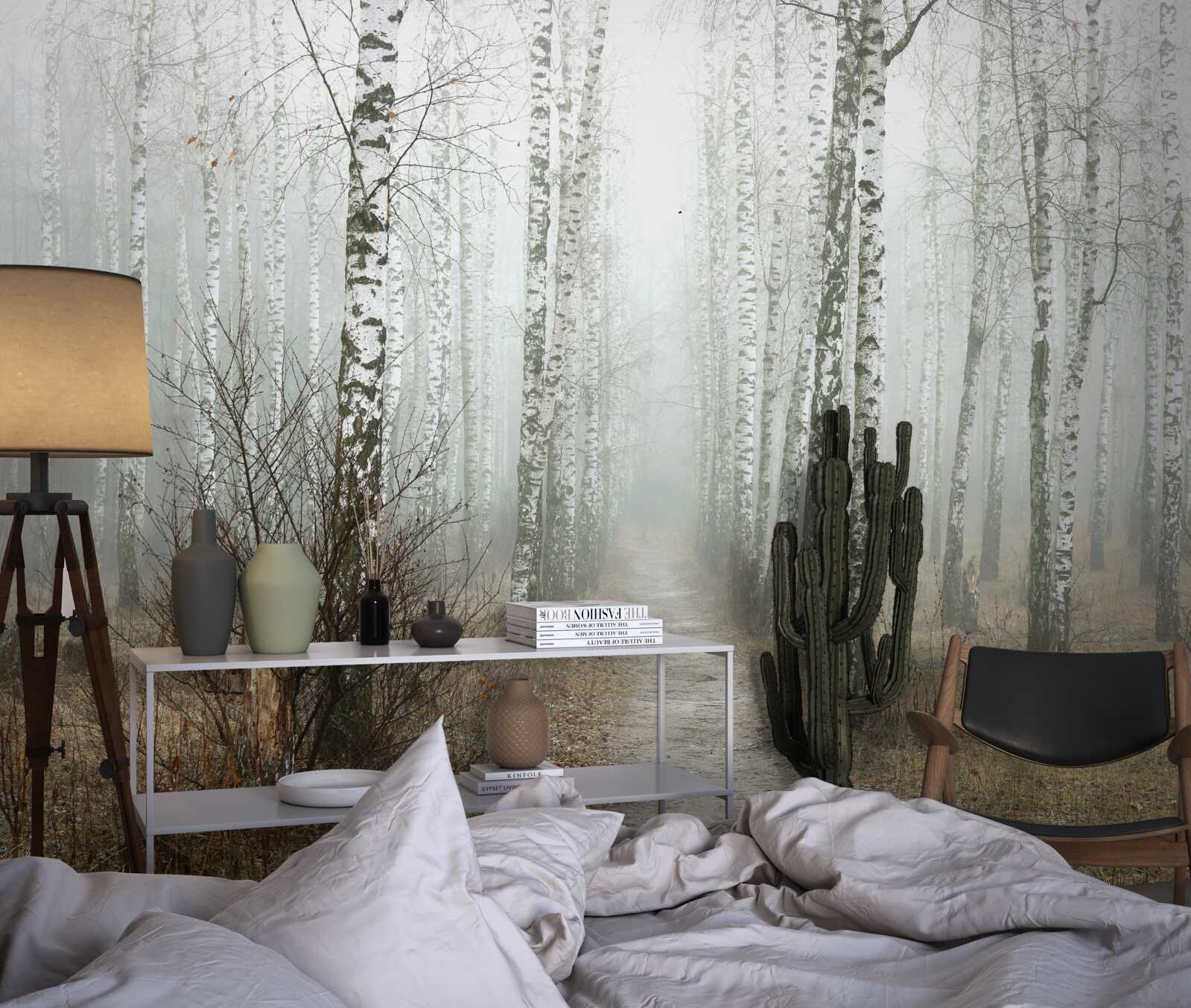 Фотошпалери Шлях через туманний ліс, повний беріз