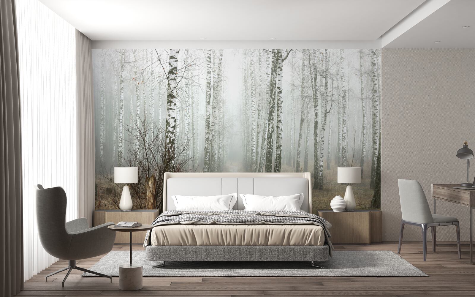 Фотошпалери Шлях через туманний ліс, повний беріз