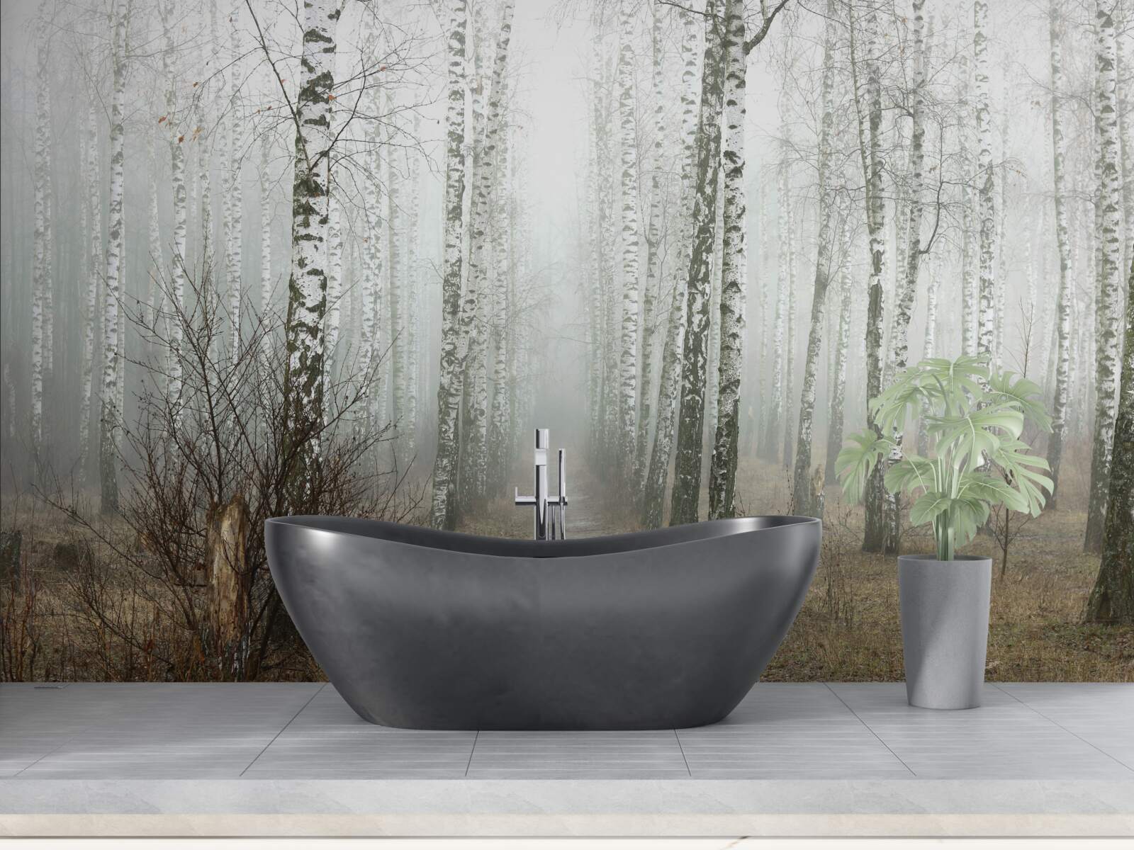 Фотошпалери Шлях через туманний ліс, повний беріз