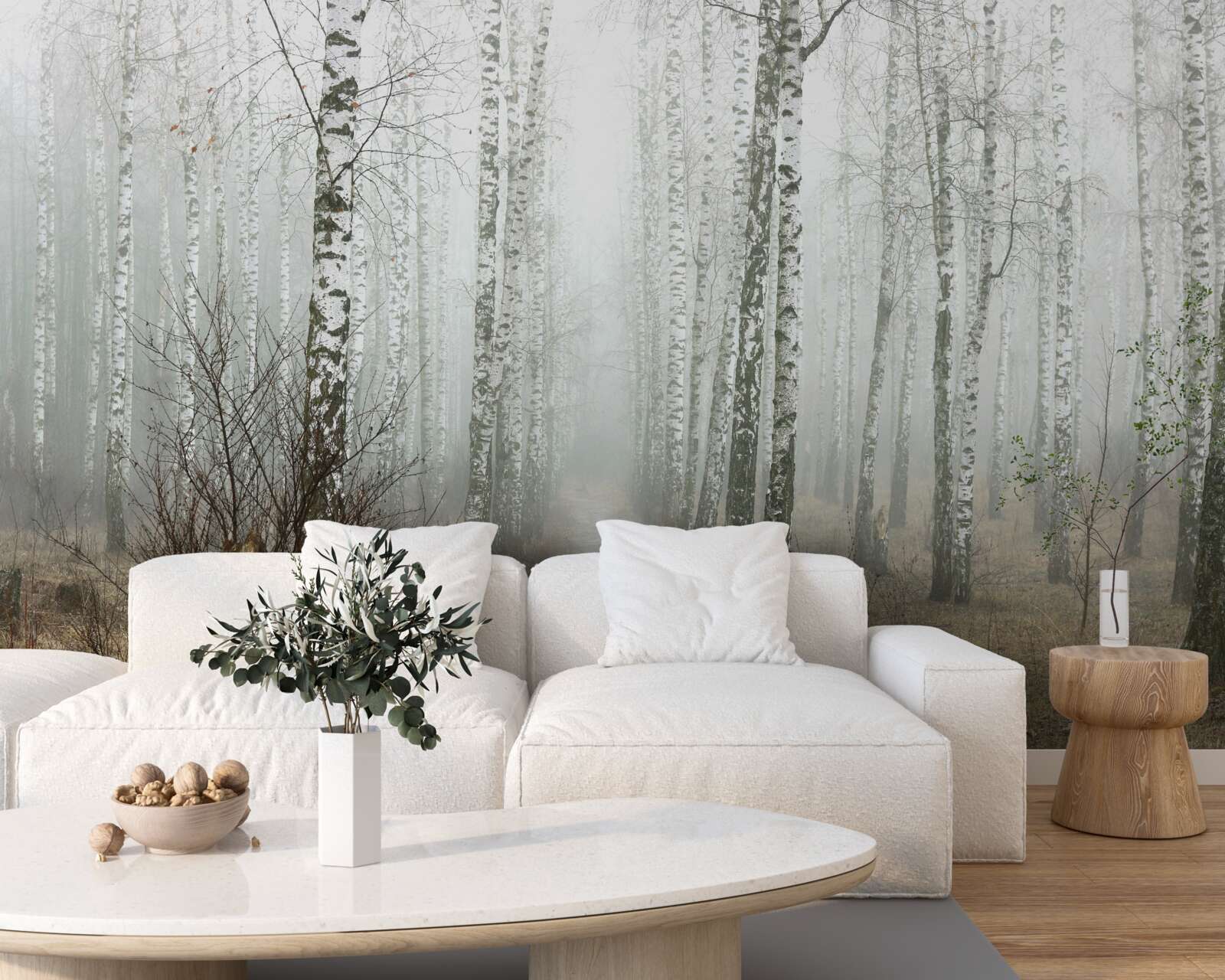 Фотошпалери Шлях через туманний ліс, повний беріз