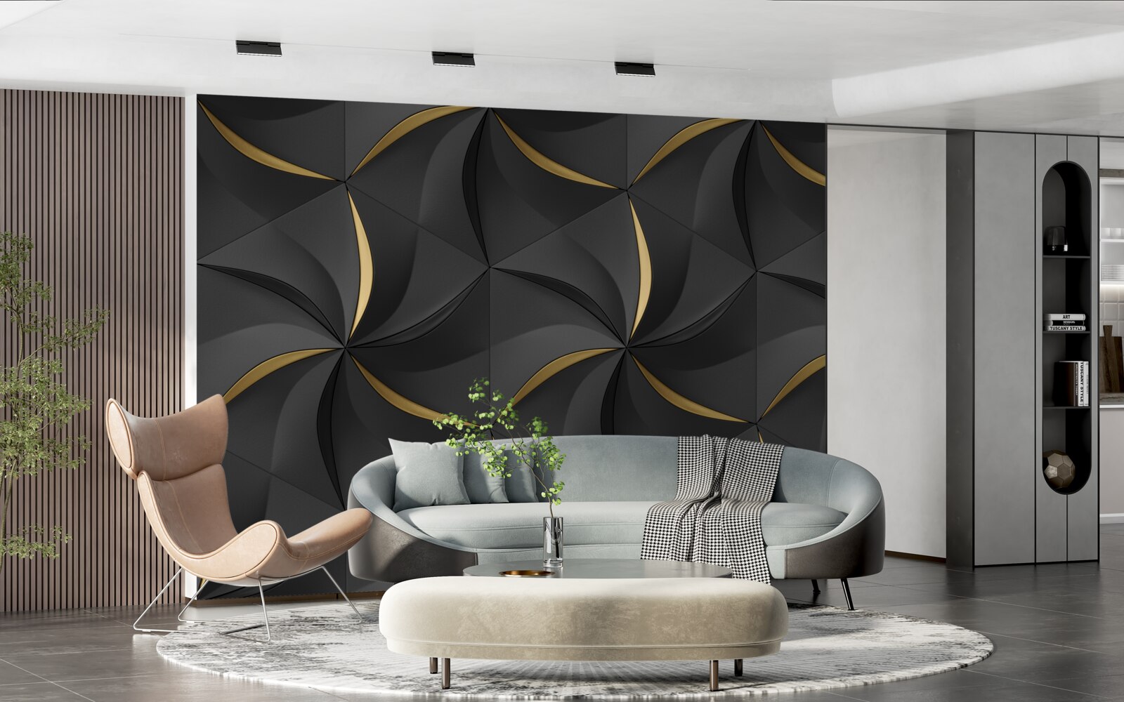 Фотошпалери золоті спіралі на чорному тлі