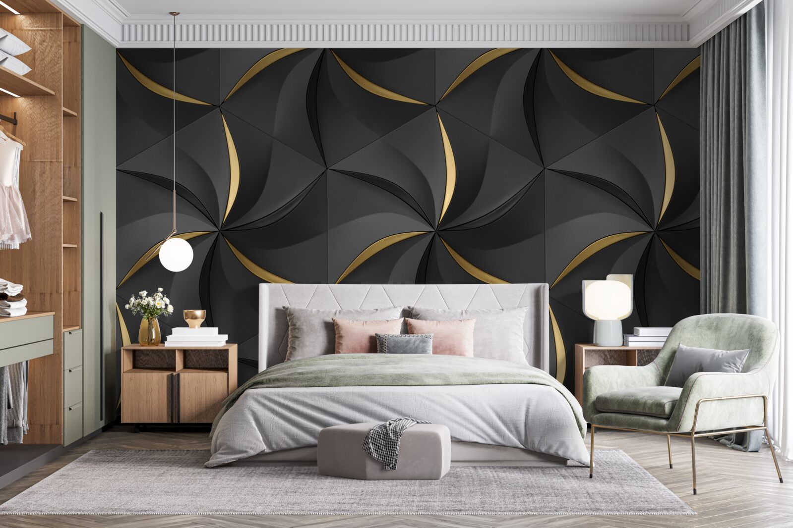 Фотошпалери золоті спіралі на чорному тлі