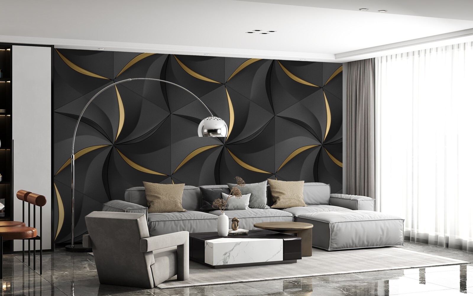 Фотошпалери золоті спіралі на чорному тлі