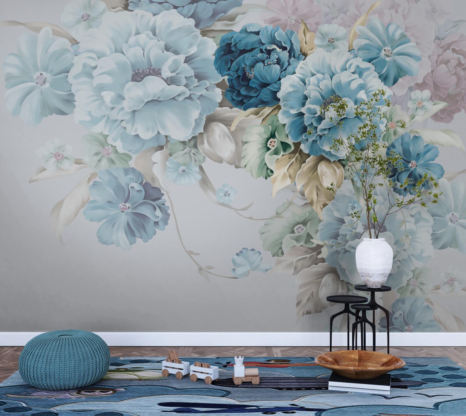 Фотошпалери композиція містить бузкові та блакитні квіти