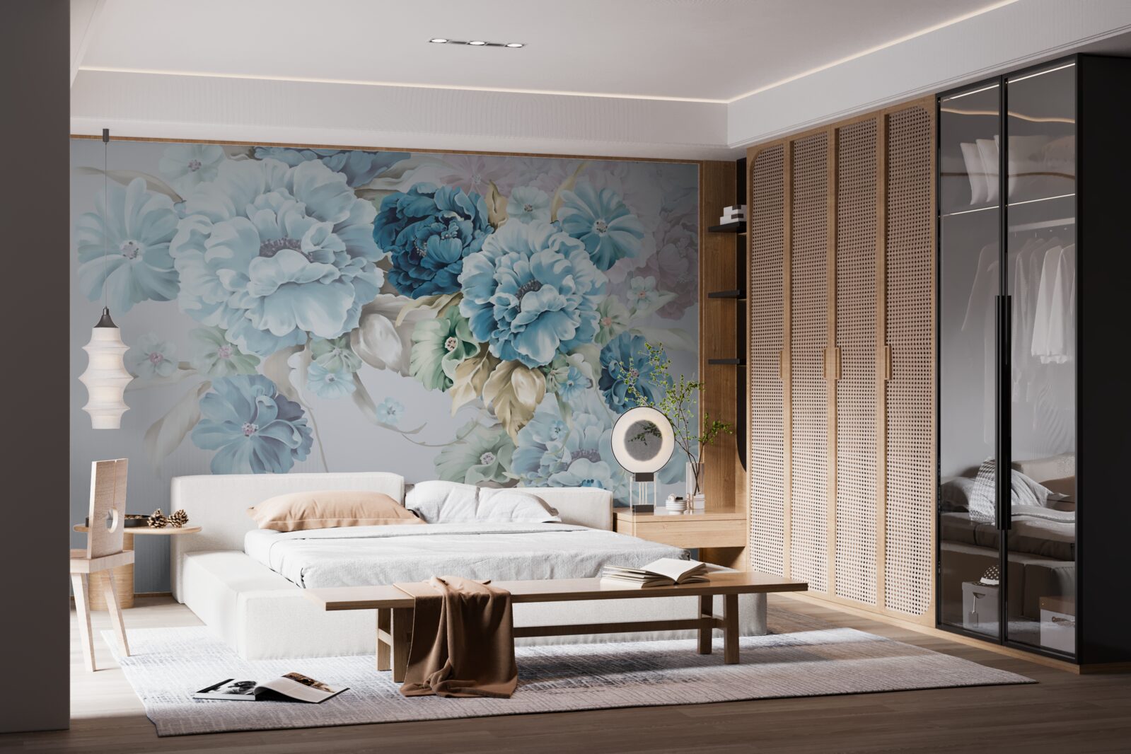 Фотошпалери композиція містить бузкові та блакитні квіти