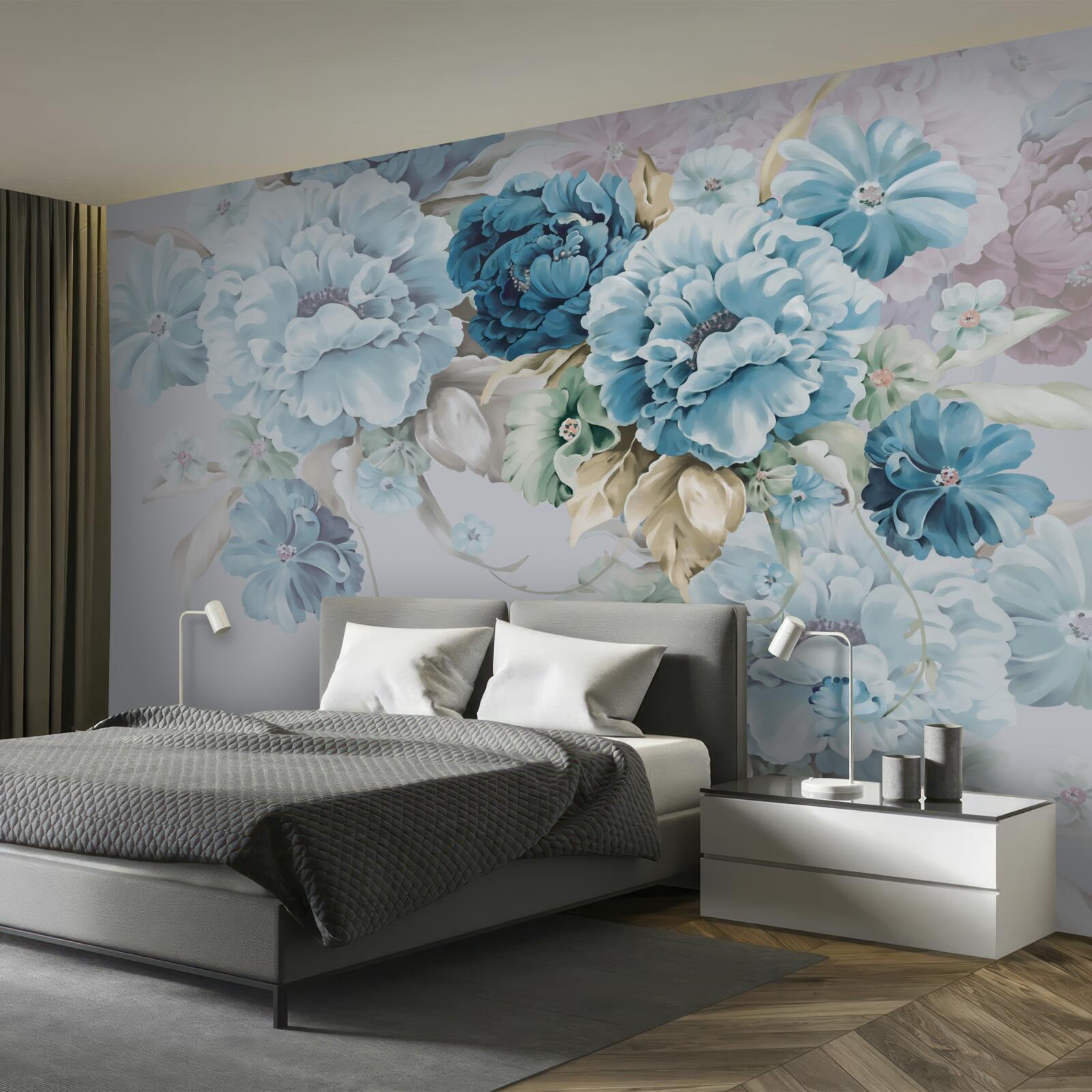 Фотошпалери композиція містить бузкові та блакитні квіти