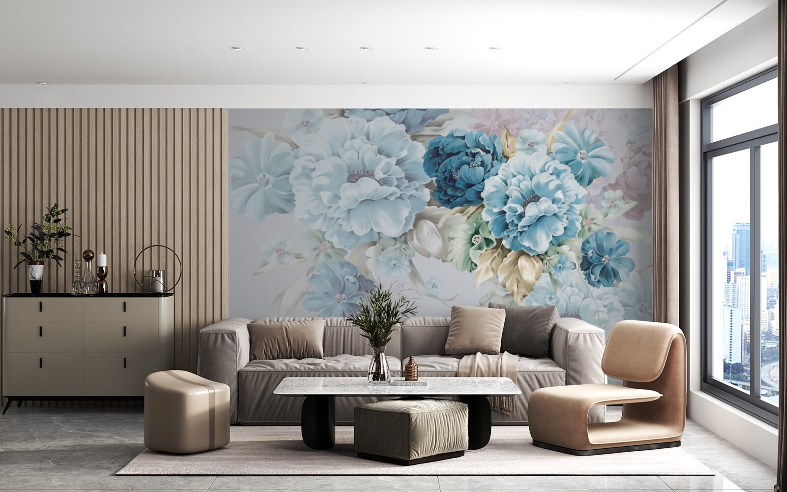 Фотошпалери композиція містить бузкові та блакитні квіти