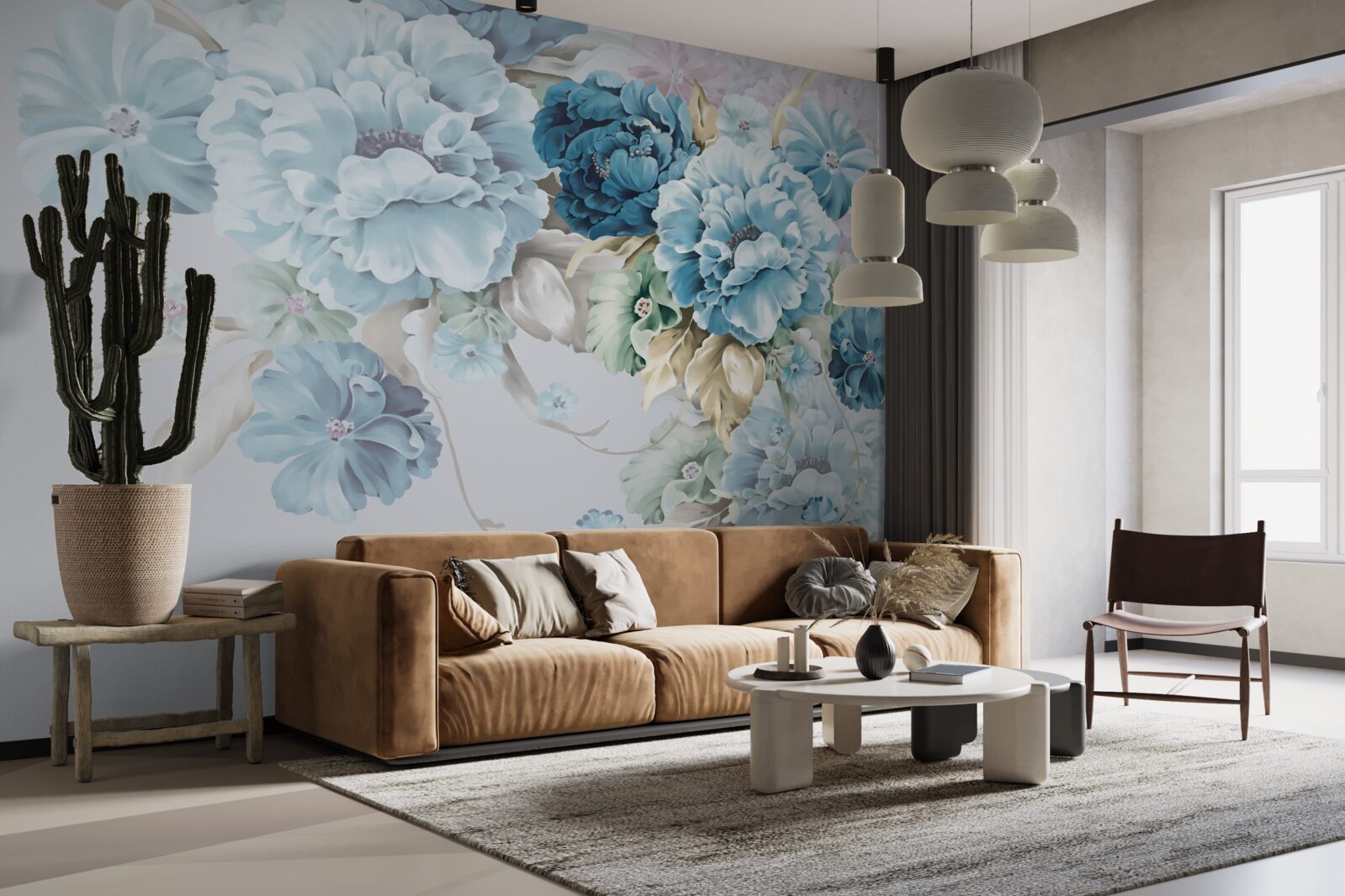 Фотошпалери композиція містить бузкові та блакитні квіти